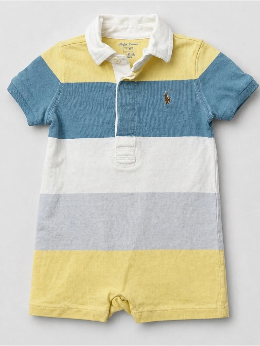 Ralph Lauren yellow blue and white cotton Polo color block romper size 9 months